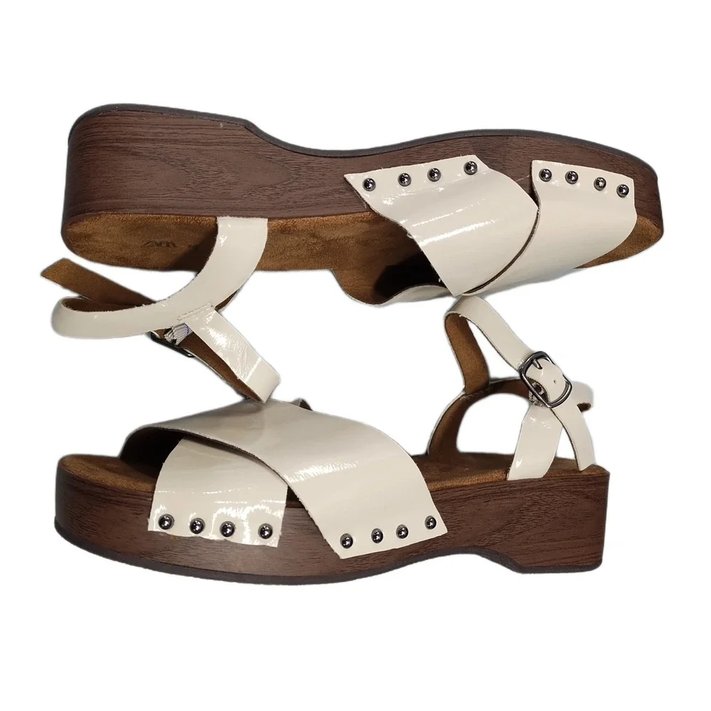Zara Cross-Strap Sandals Womens Size 35 Tan Brown Studded Detail Buckle Closure - Picture 1 of 10